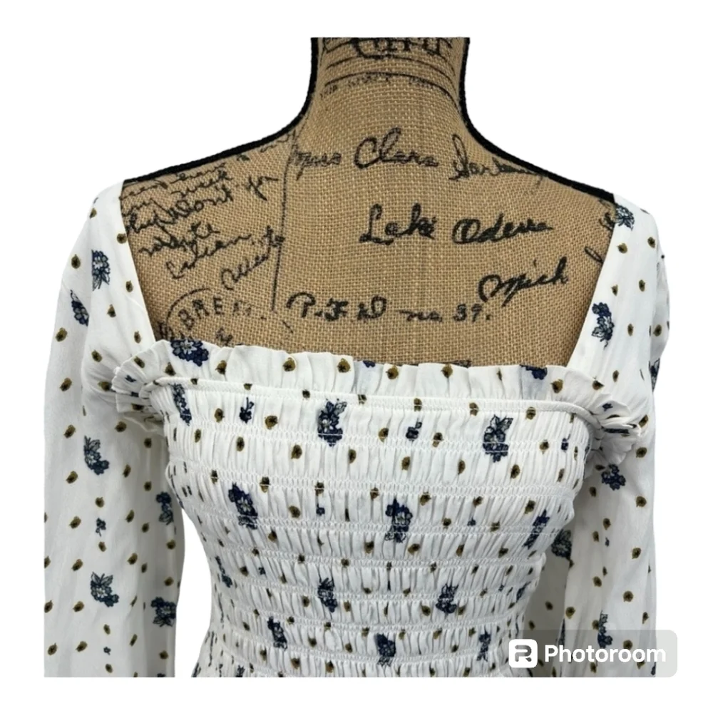 Free people Tea Combo Blue Flower Dress Long‎ Sleeves Women Size Medium - Picture 10 of 11